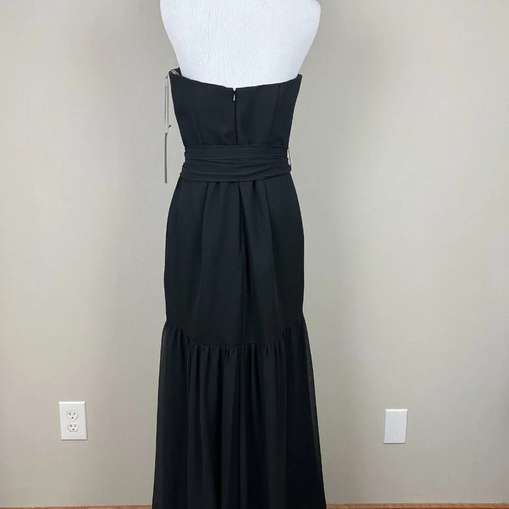 White Vera Wang Dress Womens 8 Black Crinkle Chiffon‎ Trumpet Hem Strapless Gown